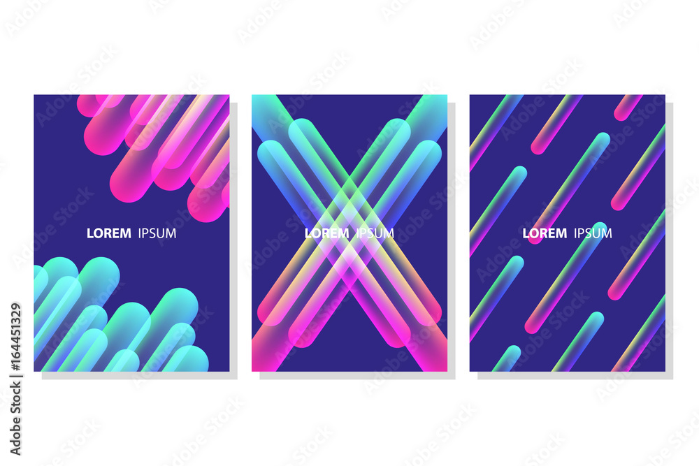 Poster set of vibrant colorful line shapes compositions. futuristic design posters templates. vector illust