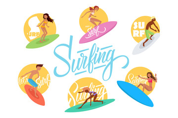 Set of cute surfers with surfboards and hand lettering text design. Surfing characters. Vector illustration.