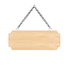 Wooden sign hanging on a chain isolated on white  background