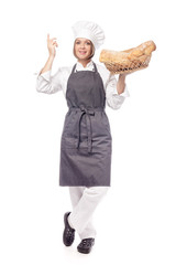 happy female chef isolated on white background