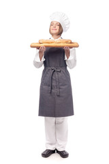 happy female chef isolated on white background