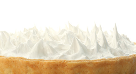 Delicious coconut cream pie on white background