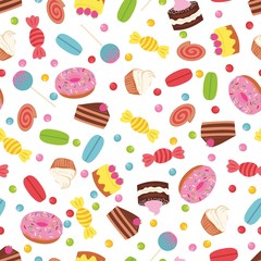 Nahtloses Muster mit Desserts, Donuts, Kuchen, Bonbons, Lollies und Biskuitrollen