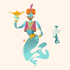 Happy genie with magic lamp. Vector illustration - obrazy, fototapety, plakaty