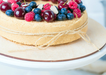 Macro photo of Cheesecake with summer berries