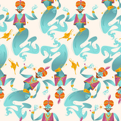 Happy genies with magic wands and magic lamps. Seamless background pattern.
