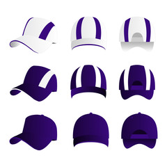 Strip baseball cap violet color with colored mesh and adjustable rubber strap isolated vector set