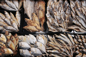Dried and cured fish in supermarket