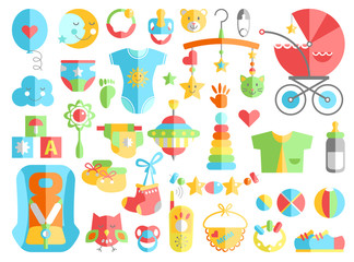 Newborn infant themed cute flat set. Baby care, feeding, clothin