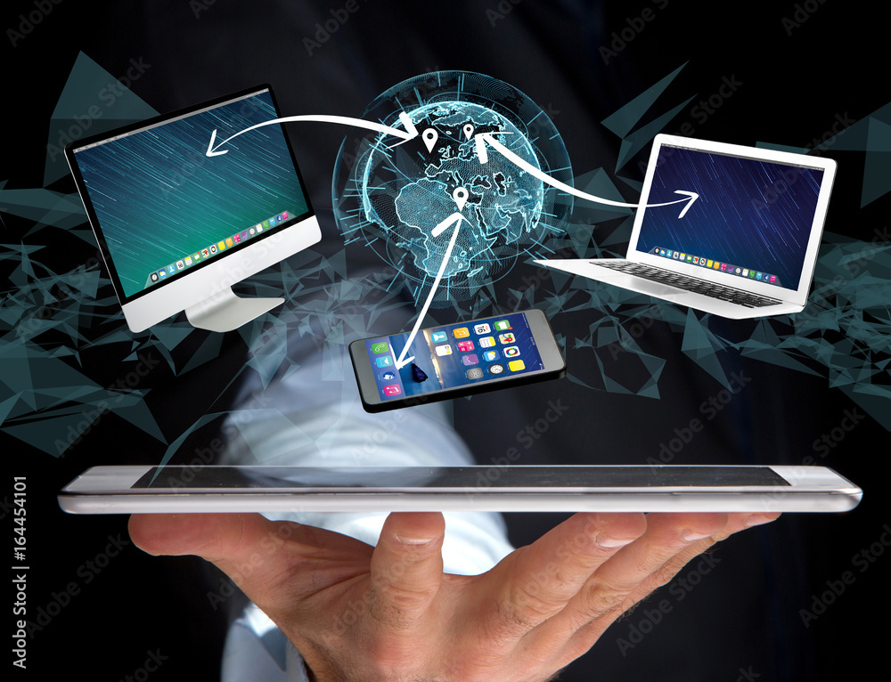 Poster computer and devices displayed on a futuristic interface with interantional network - multimedia and
