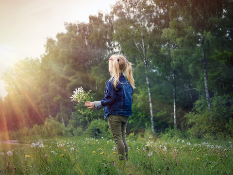 little girl with a bouquet of flowers in a field. The child looks at the sun's rays