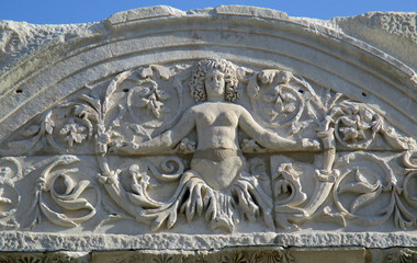 Medusa, detail of a fronton temple, Ephesus, Turkey
