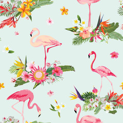 Naklejka premium Flamingo Bird and Tropical Flowers Background. Retro Seamless Pattern in vector