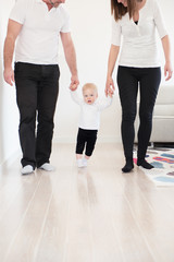 Happy family of three enjoying at home. Parents learning their beautiful baby girl how to walk. Family values. Leisure together.