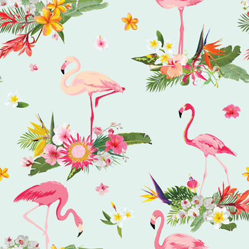 Flamingo Bird and Tropical Flowers Background. Retro Seamless Pattern in vector