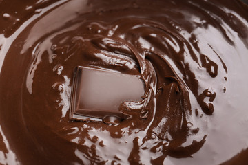 Delicious melted chocolate sauce with piece as background
