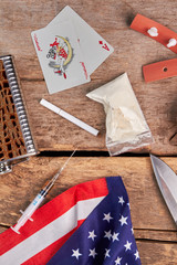 Fototapeta premium Concept of hard narcotics addiction. American society defeats against nation alcohol and drugs addiction.