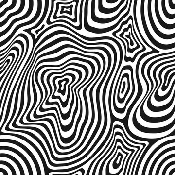 Vector monochrome seamless pattern, curved lines, striped black & white background pattern. Abstract dynamic rippled texture, 3D optical effect, illusion of movement, curvature. Modern pop art design