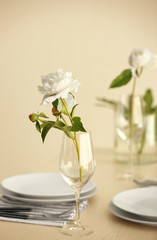 Beautiful table setting with peony flowers in cafe