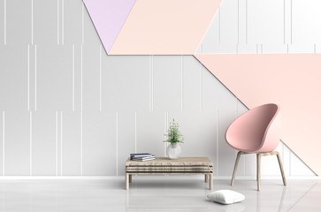 White-orange room are decorated with pink-orange chair, tree in glass vase, white pillows, Blue book, white and orange cement wall it is grid pattern and the white cement floor. 3d render.