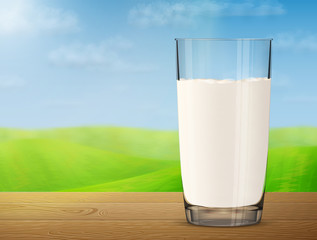 Glass of milk on wooden table on background of blurred landscape. Cow milk in glass cup with meadow and sky. Vector illustration for milk, food service, dairy, beverages, gastronomy, health food, etc