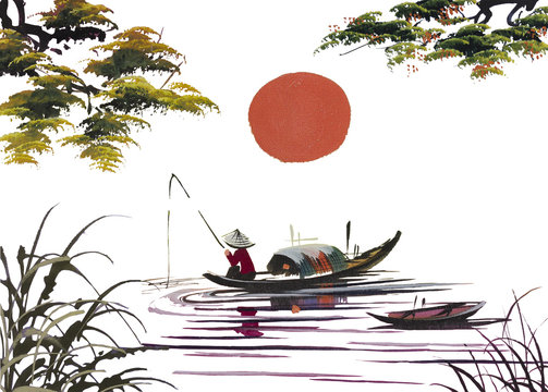 Landscape with hills, sun, lake and fisherman in traditional japanese sumi-e style on vintage watercolor background. Vietnam, China