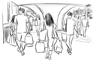 people walking in shopping cartoon drawing