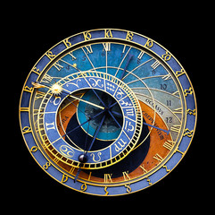 Old astronomical clock isolated on white. Prague astronomical clock at the Old Town City Hall from 1410 is the third oldest astronomical clock in the world