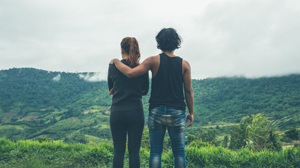 Lover Men and women Asia travel relax. Morning atmosphere nature Forests, mountains. khaoko Thailand