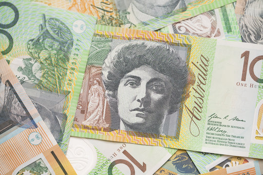 Australian dollar bills on white background.