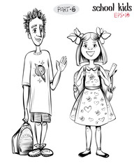 Vector illustration of school children, boy and girl.