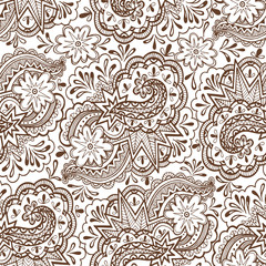 Seamless Abstract Pattern, Calligraphic Outline Figures and Elements, Brown Contours on Tile White Background. Vector