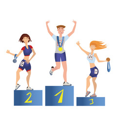 Athletes on the podium. Young man and women with medals. Sport competition. Vector illustration, isolated on white background.
