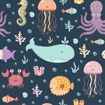 Sea life seamless pattern. Cute background with whale, octopus, jellyfish, crab, seahorse and globefish. Vector illustration