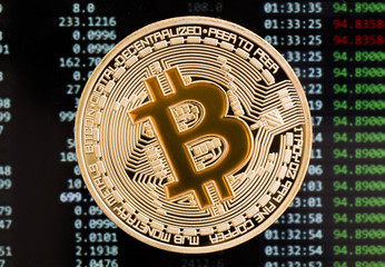 Golden Bitcoin cryptocurrency yellow coin on a circuit board background.
