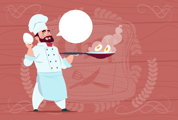 Chef Cook Holding Frying Pan With Eggs Smiling Cartoon Chief In White Restaurant Uniform Over Wooden Textured Background Flat Vector Illustration