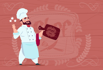 Chef Cook Hold Board Smiling Cartoon Restaurant Chief In White Uniform Over Wooden Textured Background Flat Vector Illustration