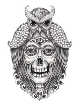 Art surreal skull.Hand pencil drawing on paper.