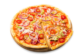Delicious pizza with with onions, bacon and cherry