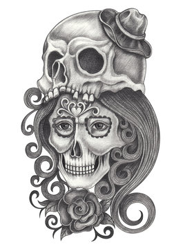 Art women skulls day of the dead.Hand pencil drawing on paper.