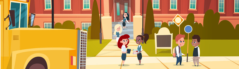 Group Of Pupils Mix Race Stand In Front Of School Building Primary Schoolchildren Talking Students Flat Vector Illustration