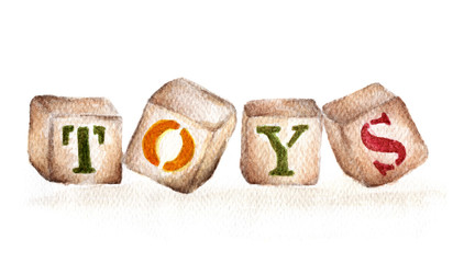 The wooden alphabet blocks with word “TOYS” .Hand drawn watercolor painting on white background. 