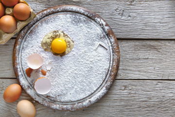 Cooking ingredients for baking, eggs and flour