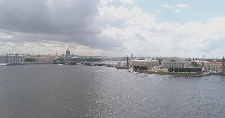 Aerial low altitude photo over St. Petersburg neva with view of Stock Market Square and Saint Isaac's Cathedral in summer day