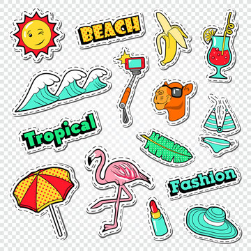 Beach Vacation Stickers Set. Tropical Holidays Doodle with Flamingo, Bikini and Cocktail. Vector illustration