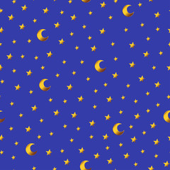 Obraz na płótnie Canvas Seamless pattern with gold cartoon stars and moons on blue background.