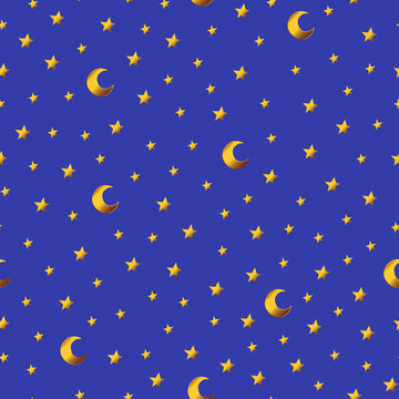 Seamless pattern with gold cartoon stars and moons on blue background.