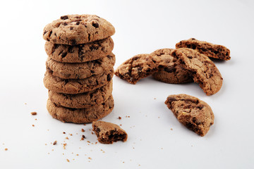 Chocolate chip cookie on white, homemade bakery concept