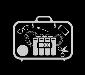 X-ray inspection - suitcase with bomb and blast. Dangerous explosive device for terrorist attack is checked by screening. Machine for security and safety against terrorism. Vector illustration