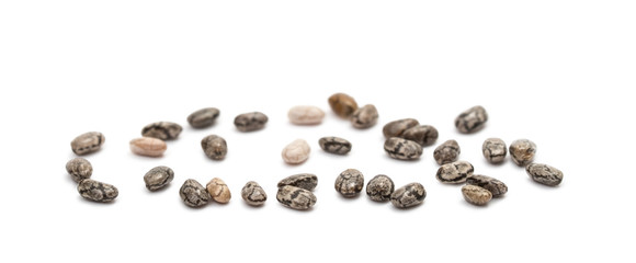 Chia seeds spread out on white background seen obliquely from above with focus on the closest